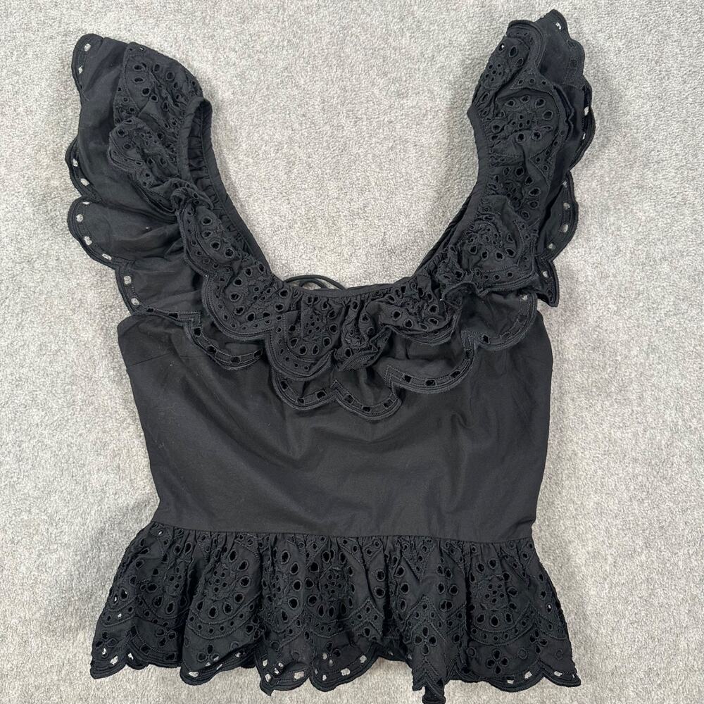 Express Off Shoulder Eyelet Ruffle Tank Top Size X-Small Black Open Back Tie